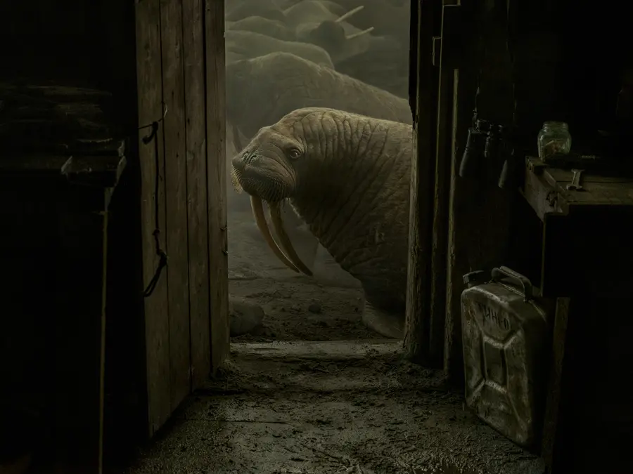 A walrus head appears in front of the open door to a wooden hut, with many walruses behind it.