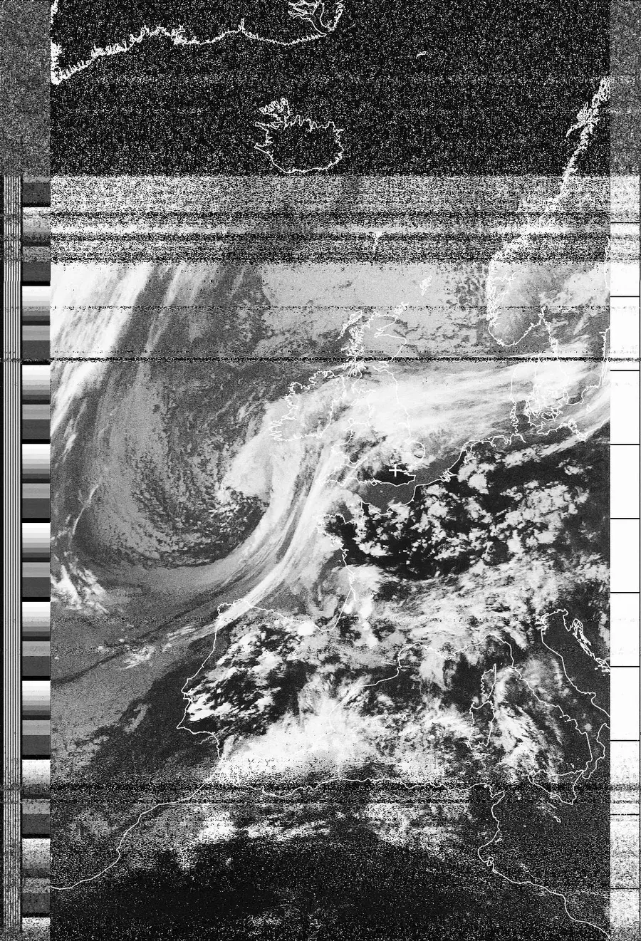 Black and white satellite image of metrological data, showing swirling clouds