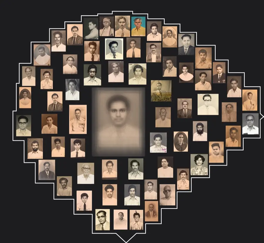 Many small archival photographs of people from South Asian descent surround a larger composite image. The composite is made up of the surrounding images. They are arranged in a circular shape on a dark background.