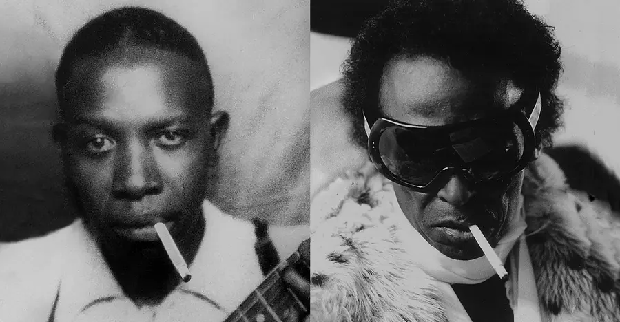 Black & white split screen image of two Black musicians looking straight to camera smoking a cigarette at the same angle.