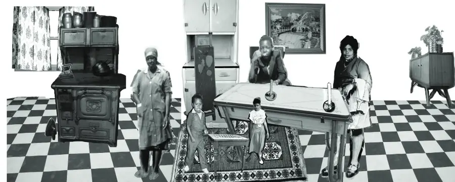 Black and white collage image of several people in a room with black and white checkered floors