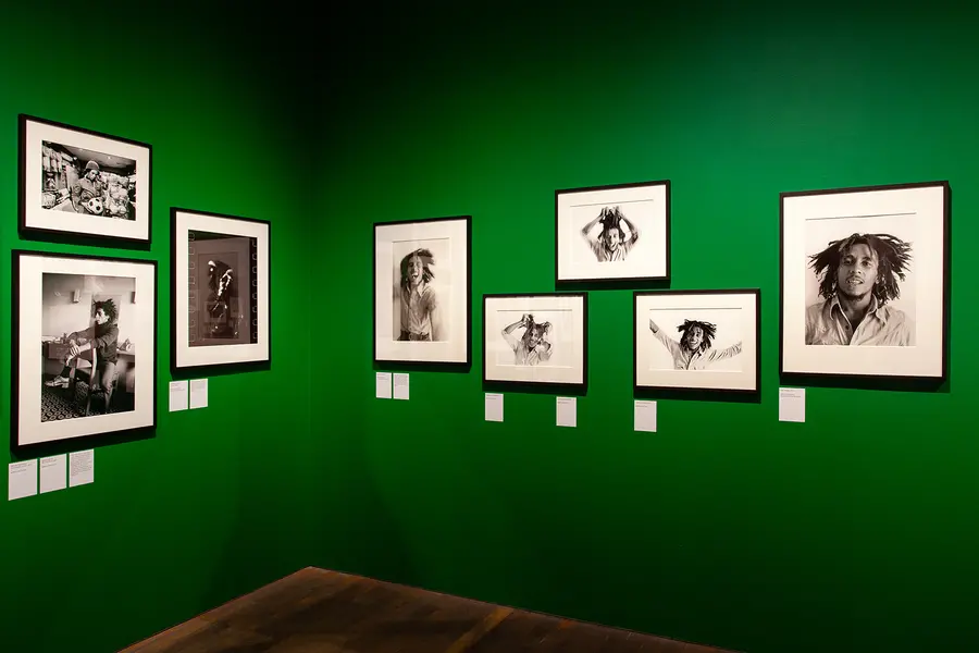 An installation image of Dennis Morris' series of photographs of Bob Marley.