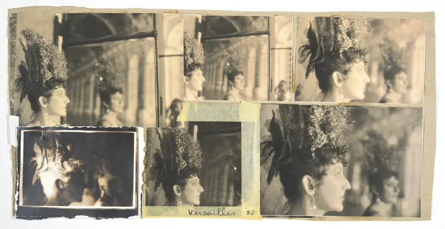 Black and white collage of various portraits of a woman cut and pasted together