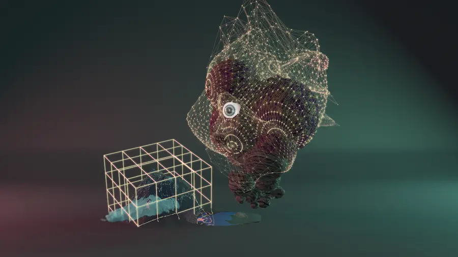 A digital render of a scene with dark background, a grid surrounded by clouds, and a mountain on top with a robotic eye looking out.