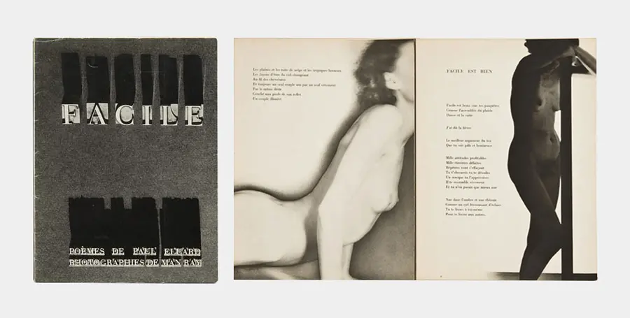 Cover and spread from Facile. Poèms de Paul Éluard. Photographies de Man Ray, Paris, 1935, published by Editions G.L.M.