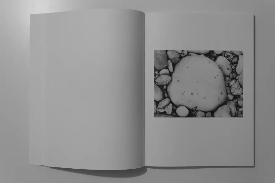 One image on the right page, a large pebble amongst smaller ones, black and white 