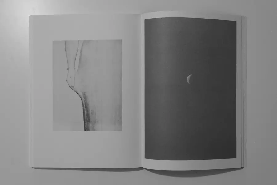 2 black and white images, one image per page. The open book shows a hand stretching a skin-like material, possibly leather. The other image is of the sky, with a half waxed moon in the centre.