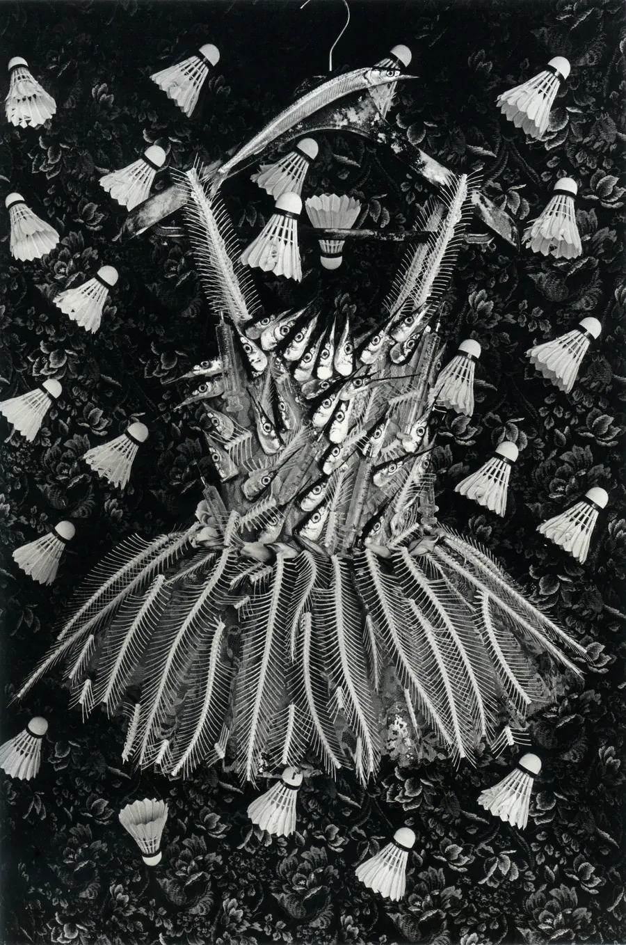 A dress laid flat made up of fish bones. The dress is surrounded by shuttlecocks laid out to form a pattern.