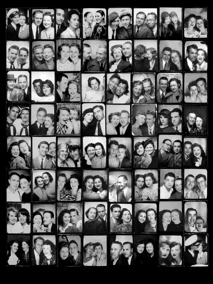 Black and white image of many photobooth portraits scanned and pasted next to one another. A diverse array of faces are shown.