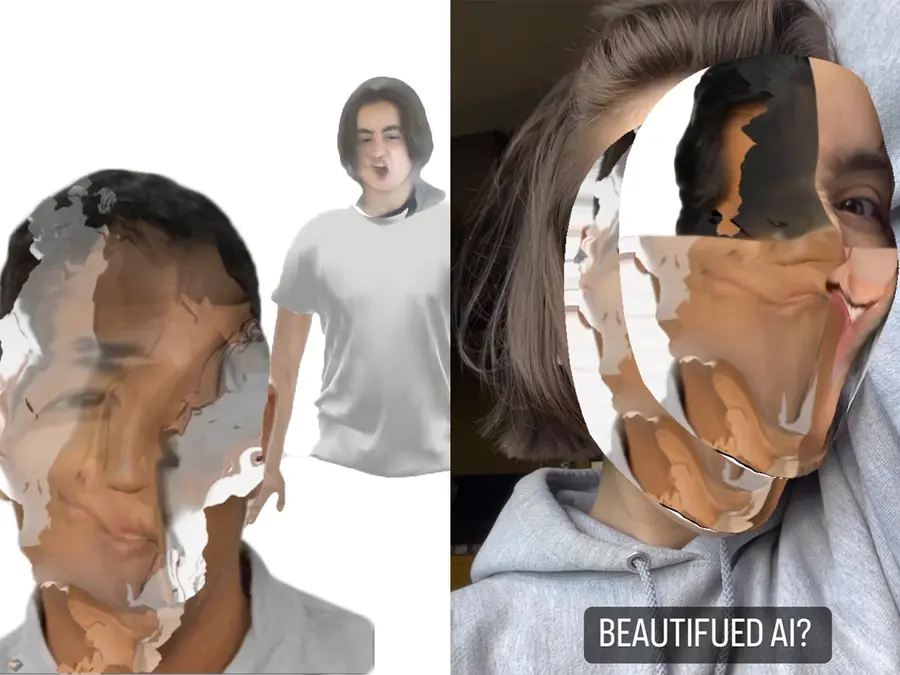 A glitchy, distorting face filter on top of a person, with a text that reads 'beautified AI?'