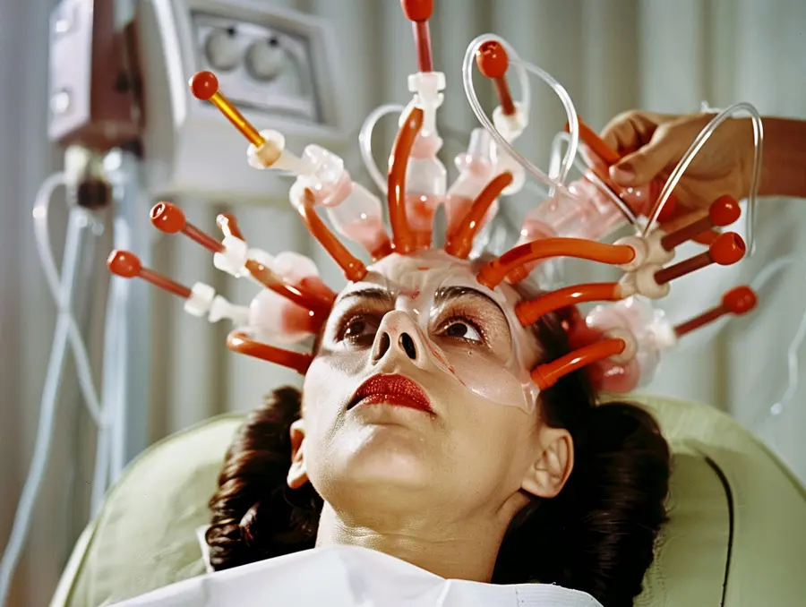 Colour photograph of a woman’s head with  tubes stuck around her head.