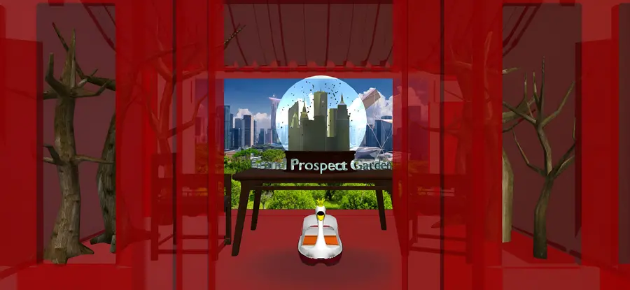 A CGI swan sits in a red room among bare trees, with a backdrop of a city