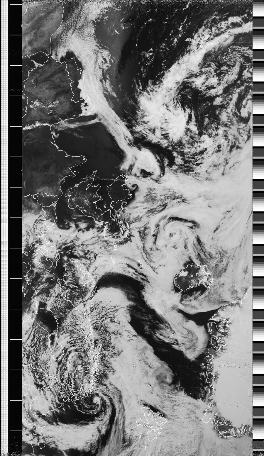 Black and white satellite image of clouds, with meteorological white lines