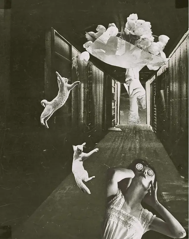 A vintage photocollage of a woman reaching upwards toward a falling bouquet of white flowers.