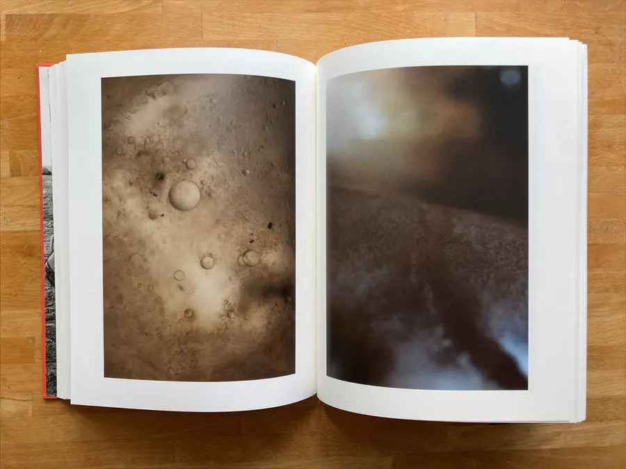 The book is open, an image on either side. It is a zoomed in image of a fish, yet the images could be of a planets surface. 