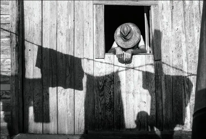 Black and white photograph of a person's head framed in an open window frame with silhouetted shadow of washing on a line
