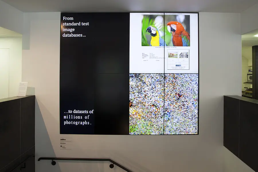 A big screen, half of it with a black background and the text "From standard image datasets...to datasets of millions of photographs." and the other half a white background with a photograph of two parrots 
