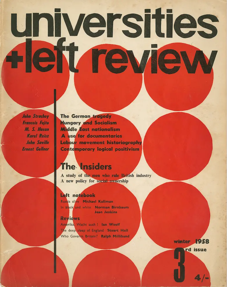 Scan of the cover of Universities + Left Review, displaying a big bold title on top of a red circles graphic, displayed at The Photographers' Gallery in London