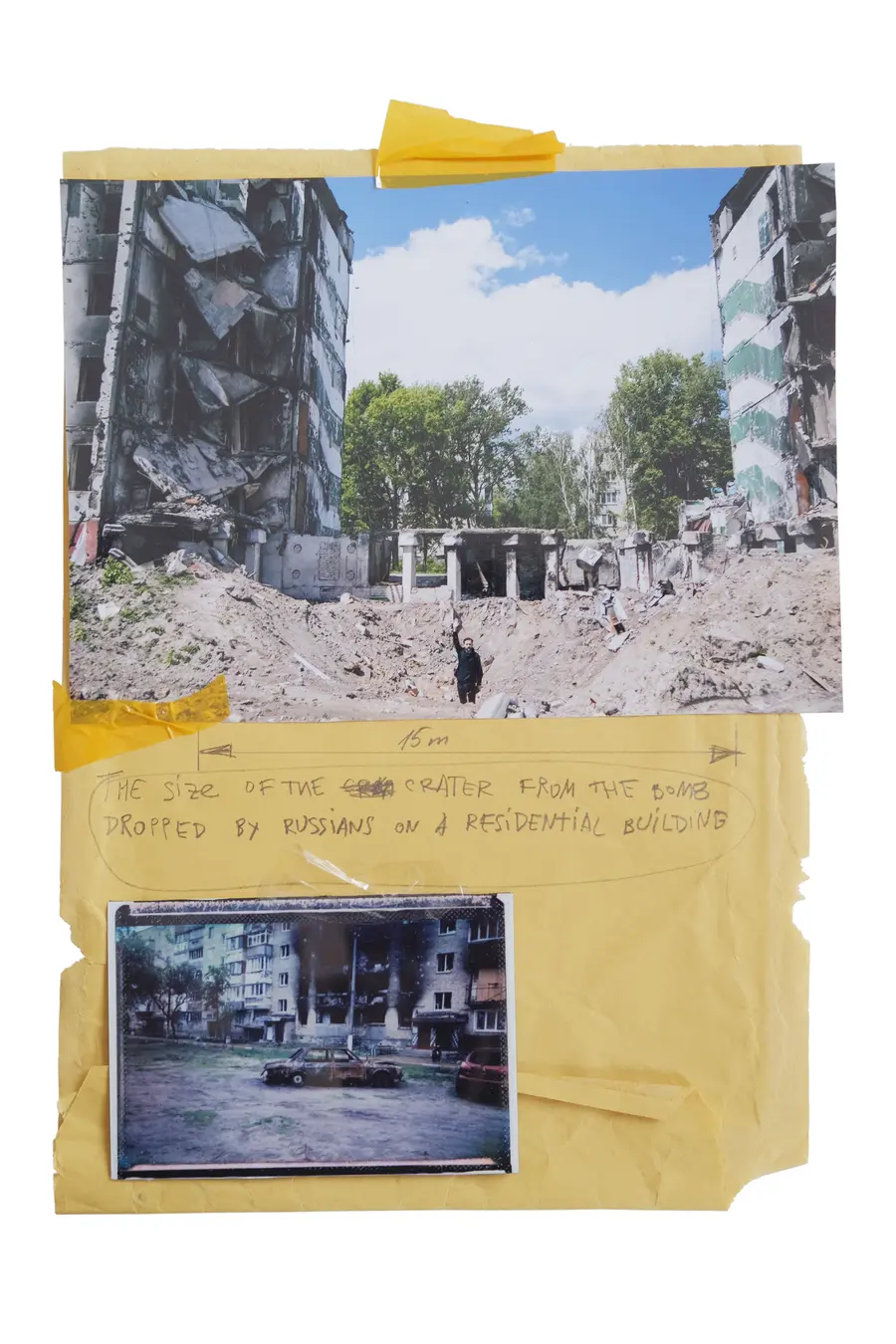 Scan of a collage featuring one image of a man standing in a crater between two buildings that have been damaged by bombs and a second image featuring a burnt out car in front of a burnt out building. Between the images the words: “THE SIZE OF THE CRATER FROM THE BOMB DROPPED BY RUSSIANS ON A RESIDENTIAL BUILDING.”