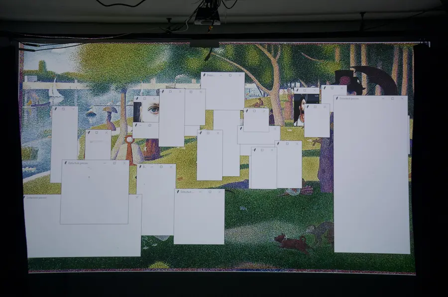 a painting by seurat with blank windows in front