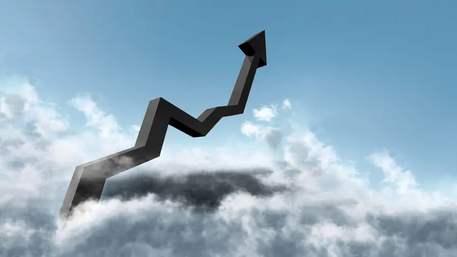 A thick black arrow extends upwards above the clouds, creating a shadow on the cloud surface