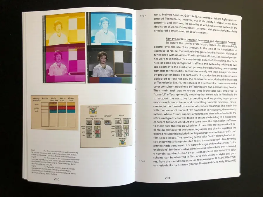 Page from the book, colour tests on analogue film is presented on one page, text on the other 