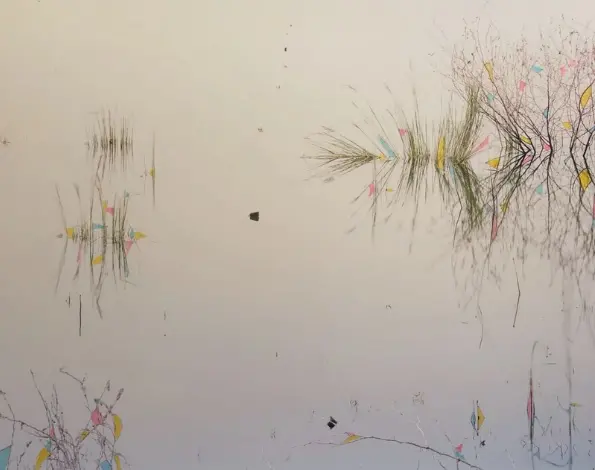 A pale purple orange body of water reflects spikey grass blades of grass. In between the blades of grass, small triangle spaces have been coloured in in pastel yellows, reds and blues.