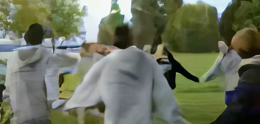 A blurry image of people joining a circle dance in a park