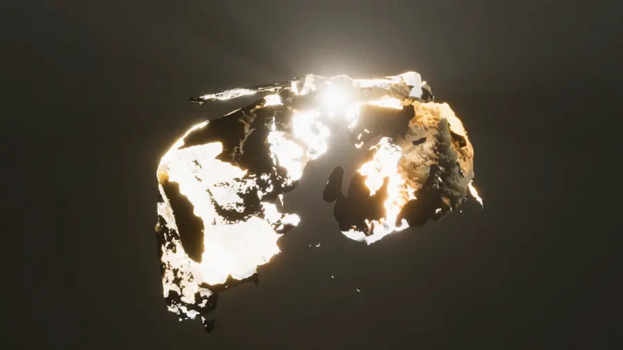 A geological formation with glowing or reflective spots on a dark background