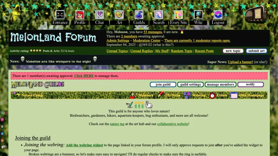 A screenshot of the MelonLand forum, natureland guilds page. The page has an bb board webcraft style.