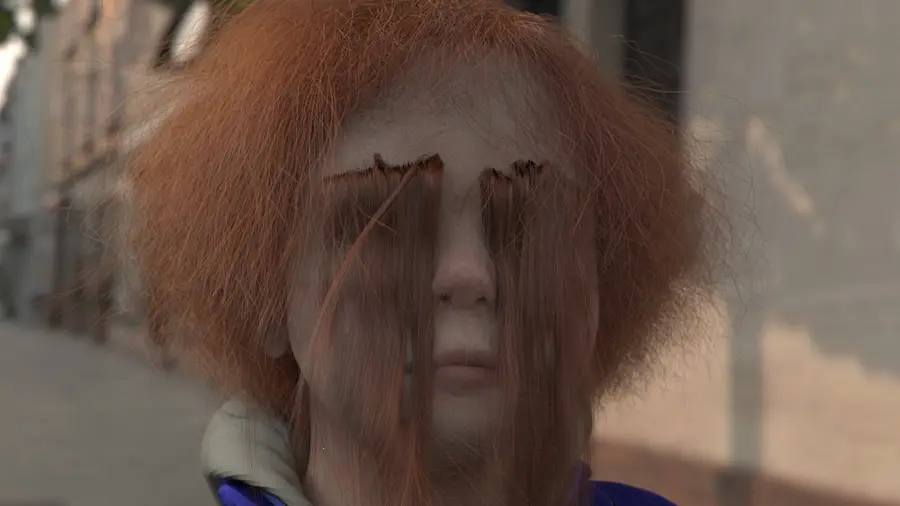 a computer-generated image of a child with ginger hair and super long eyebrows falling over their face