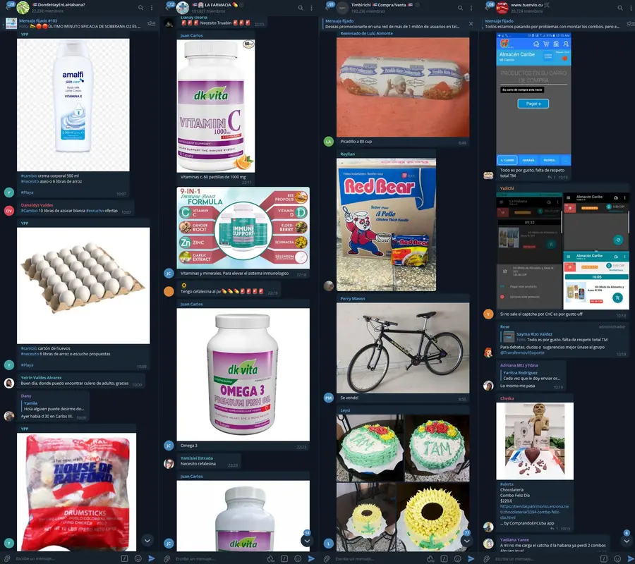 A screen capture of four Telegram channels offering a range of products for sale or exchange