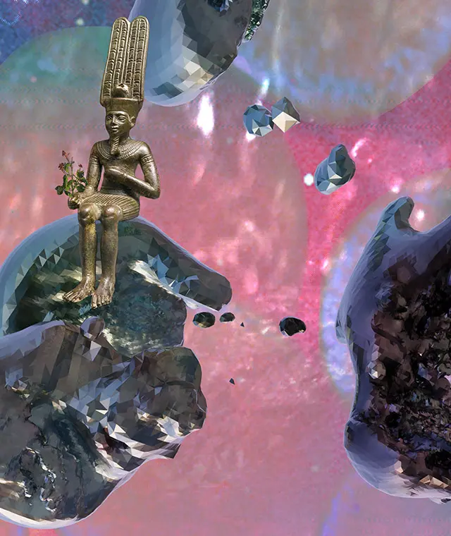 A digital photomontage including an Egyptian icon, a pixellated meteor, and bubbles, all upon a bubblegum pink background