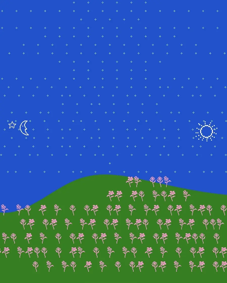 A digital pixel art image of a green hill covered in pink flowers. A bold blue sky fills the top of the image with small pixel stars dotted throughout.