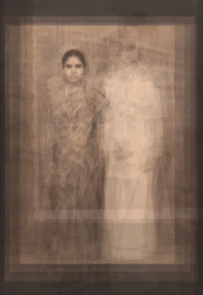 A composite of several sepia photographs of two people posing in a photo studio wearing traditional South Asian clothing. 