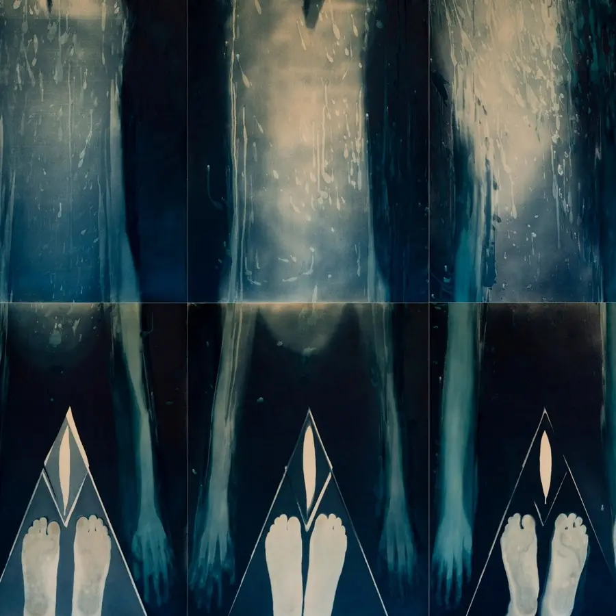 Coloured cyanotype images featuring what appears to be hands and feet.