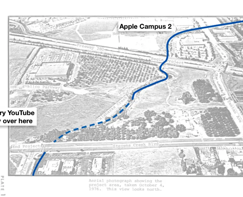 Aerial view from 1977 Environmental Impact Report — “Proposed Flood and Erosion Control Measures for Calabazas Creek Interstate 280 to Stevens Creek Boulevard North Central Zone Project № 2010&quot;, courtesy of Valley Water