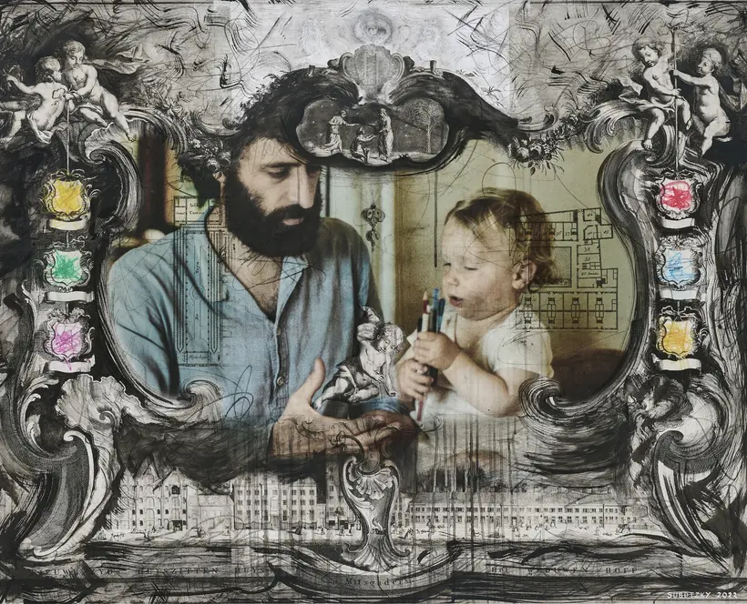White male with toddler overlain with a drawn Renaissance-style ornamental frame