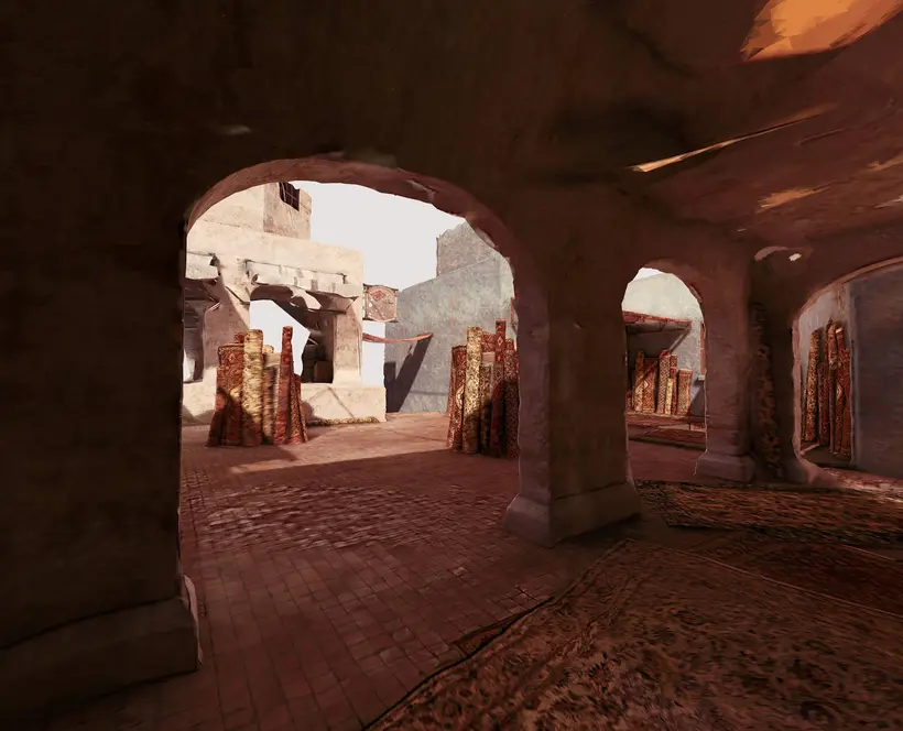 A still image from a 3D rendered view of an ancient looking square with stone archs  