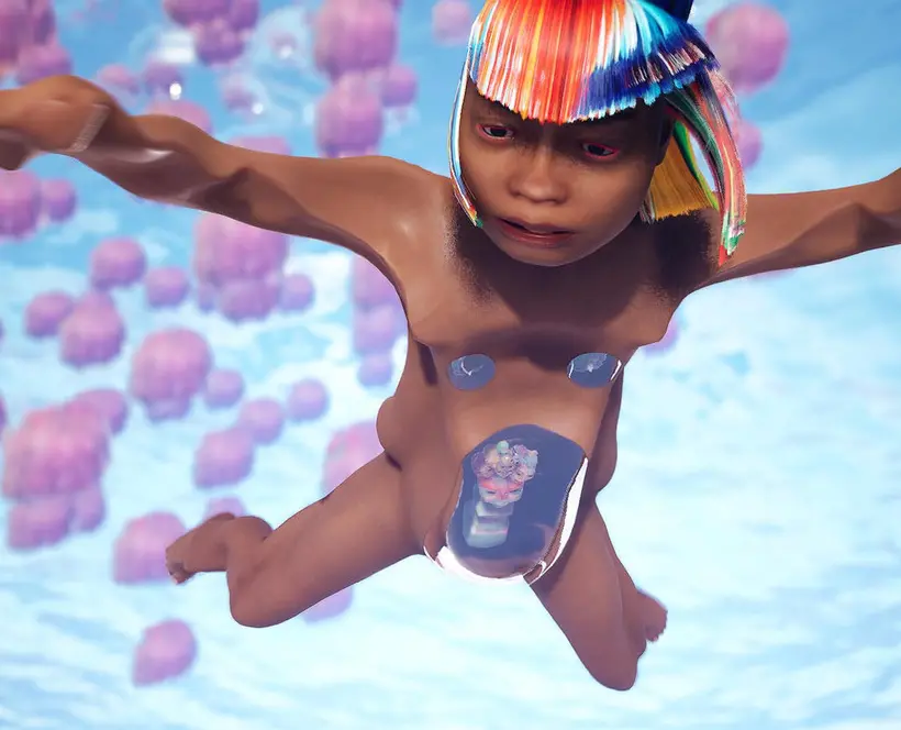 A digtal pregnant  avatar floats in a sea with jelly fish.