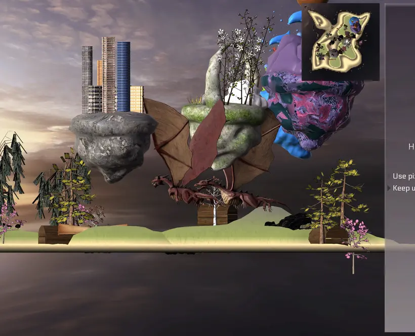 A side on view of a virtual scene showing two dragons flying among floating rocks with cities and trees on them