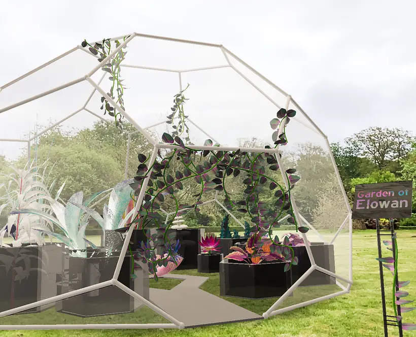 A virtual greenhouse sits in a real life green sapce