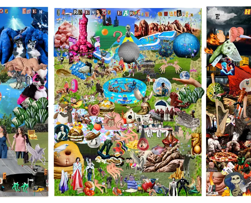 A tryptic recreating Hieronymus Bosch's Garden of Earthly Delights with photography cuttings