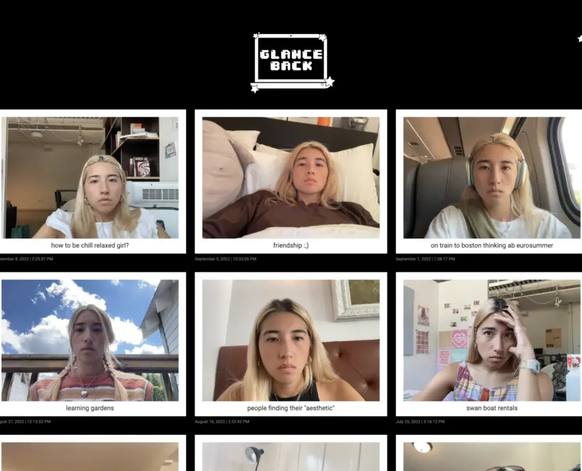 a grid of photographs of the artist Maya Man in various poses on a computer, taken through her Google Chrome extension Glance Back