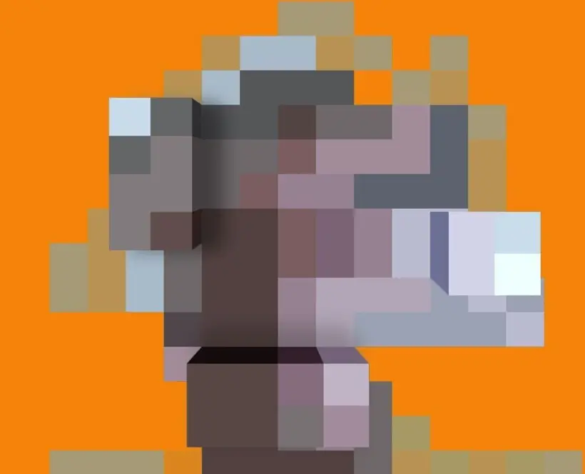Colour computer-generated image of a pixelated person on an orange background