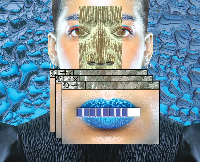 The features of a woman's face against a blue patterned background are replaced by small computer windows picturing different features