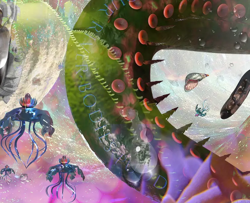 A digital photomontage including a tentacle, jellyfish, African masks, a water drop and text