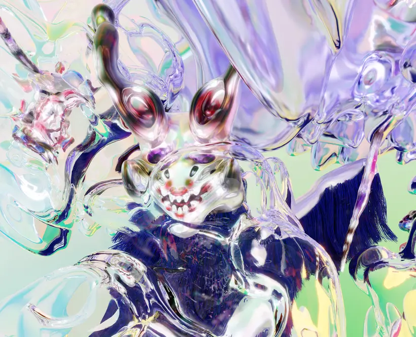 A highly computer generated image of the top of an otherworldly figure, covered in reflective translucent materials