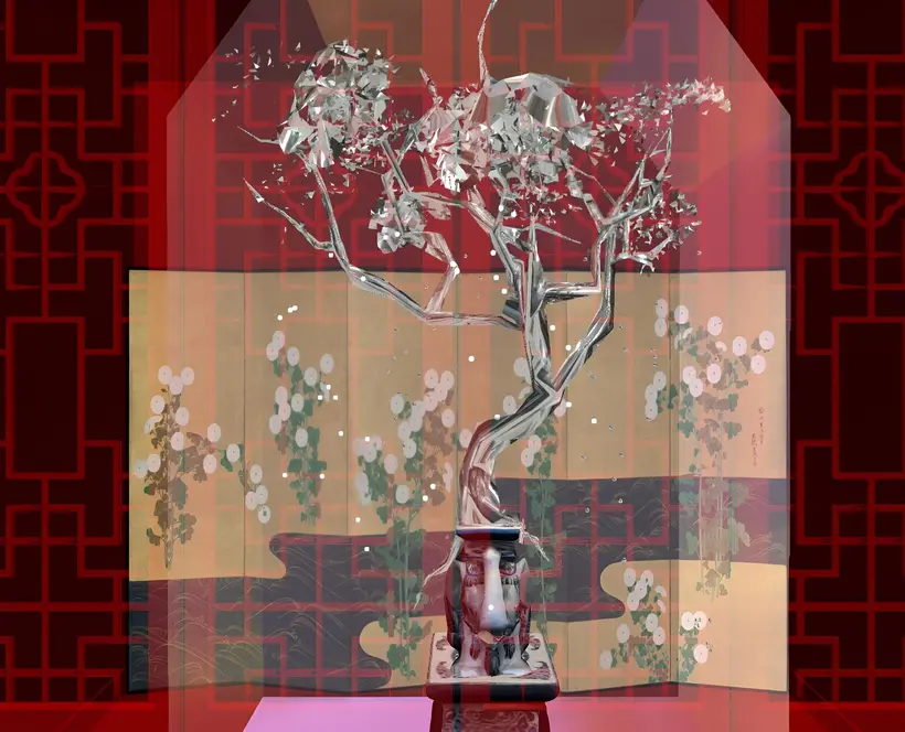 A virtual bonsai tree sits in front of a red patterned wall