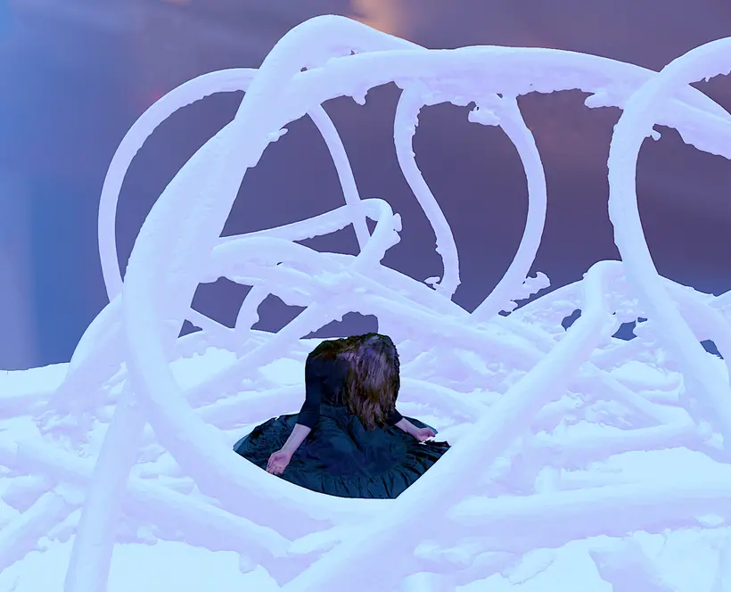 A 3D scan in colour of a woman in a black dress, sitting, look down, surrounded by plant-like tentacles in white